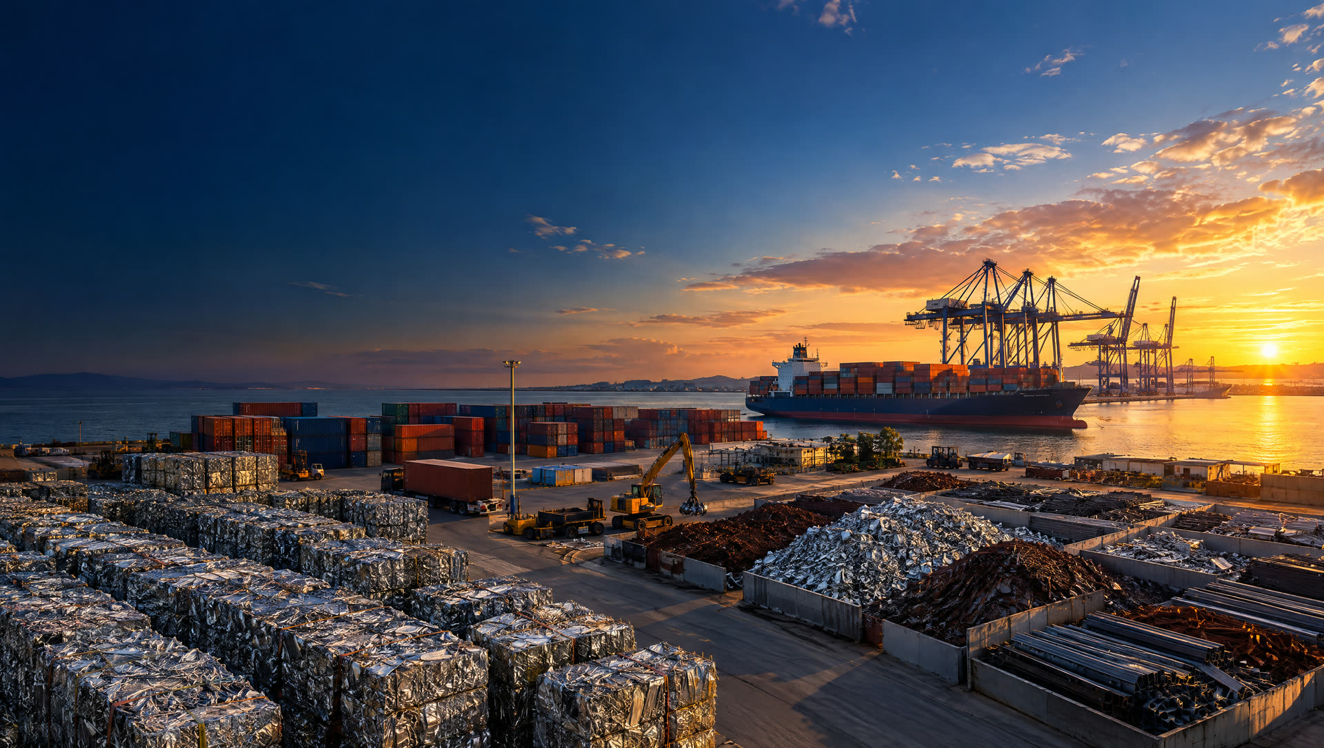 Metal recycling and export yard beside a seaport at sunset