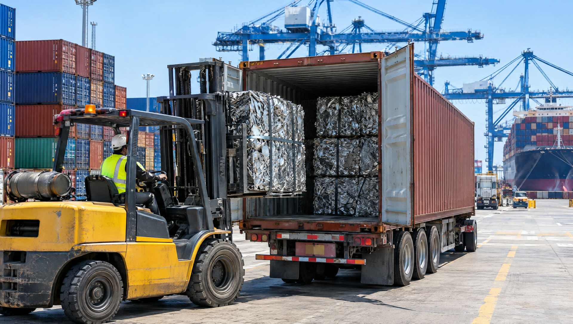 Forklift loading aluminium scrap bales into a shipping container at port