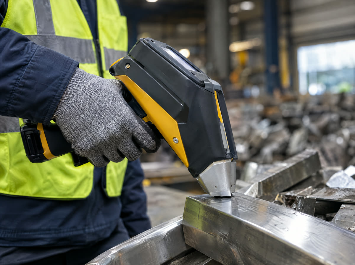 Inspector testing stainless steel scrap with an XRF analyzer